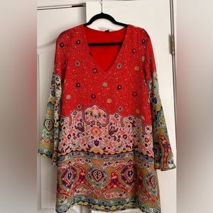PRONTO WOMENS DRESS, RED PRINT, size unknown, see measurements.